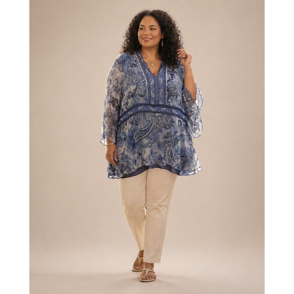 Avenue Paisley Silk Blouse Plus Size 22/24 Blue Whimsigoth Fairy Bell Sleeve